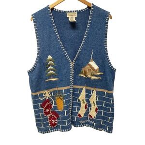 Longaberger Homestead Vintage 90s Holiday Knit Vest‎ 1X Blue Winter Cabin Scene